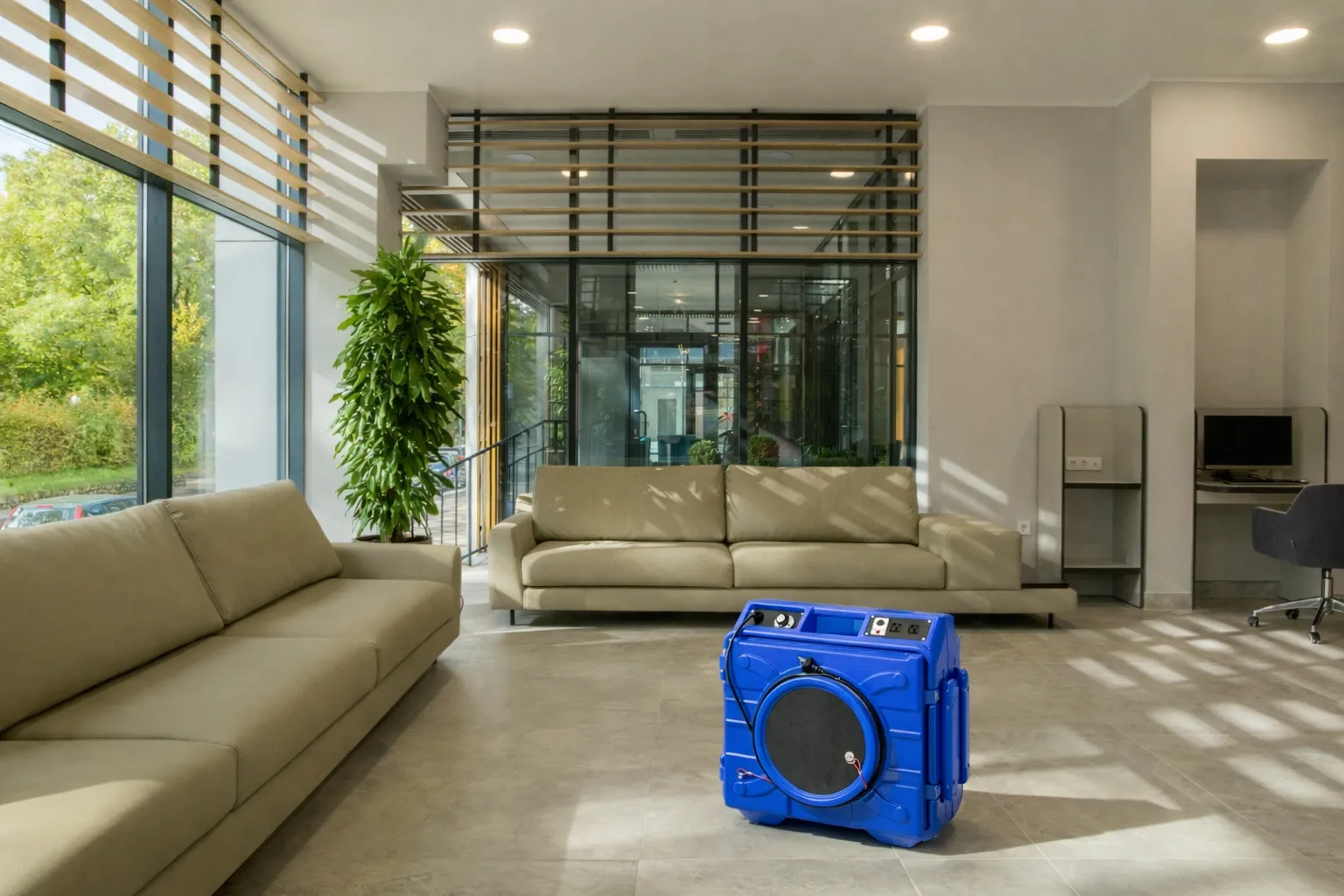 Commercial air purification unit running in a residential room for mould spore filtration