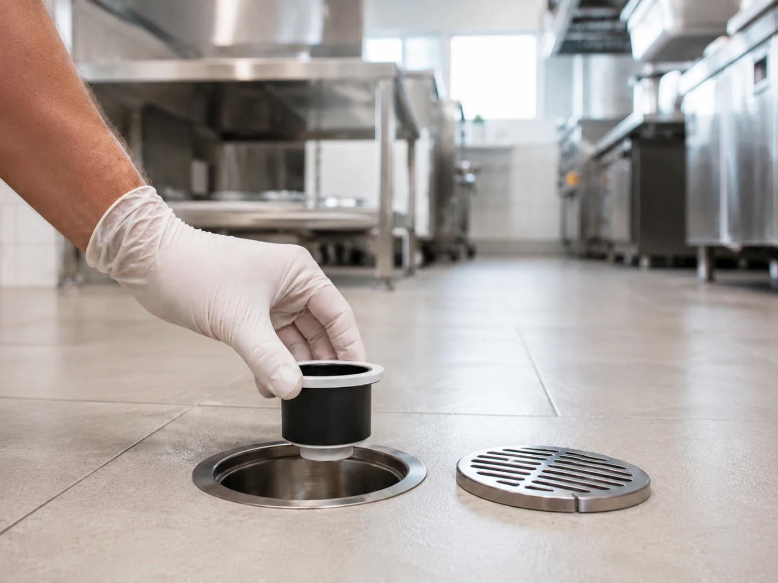 A gloved technician fitting an Eco Drain seal into a stainless floor waste in a commercial kitchen.