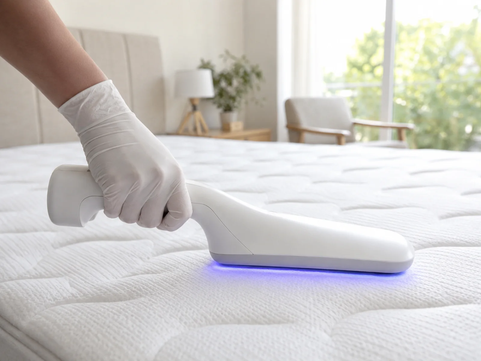 A gloved technician passing a handheld UV-C sanitiser across a clean mattress in a bright bedroom.