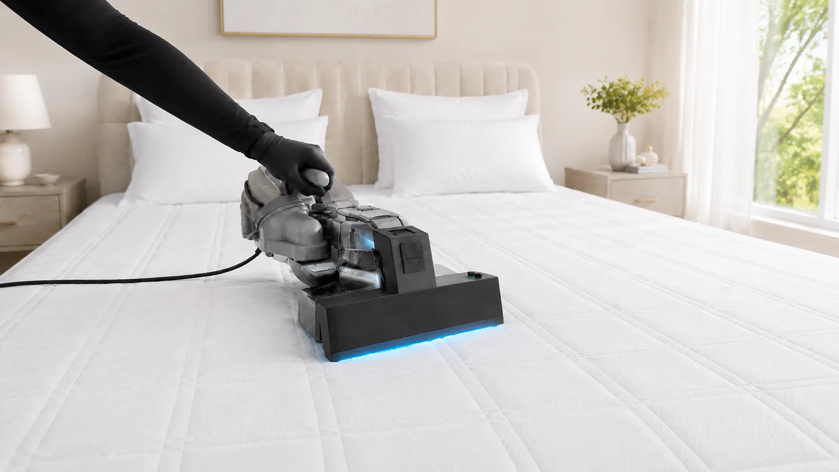 A UV-C mattress sanitiser passing across a clean white quilted mattress in a bright bedroom, its UV light glowing against the surface.