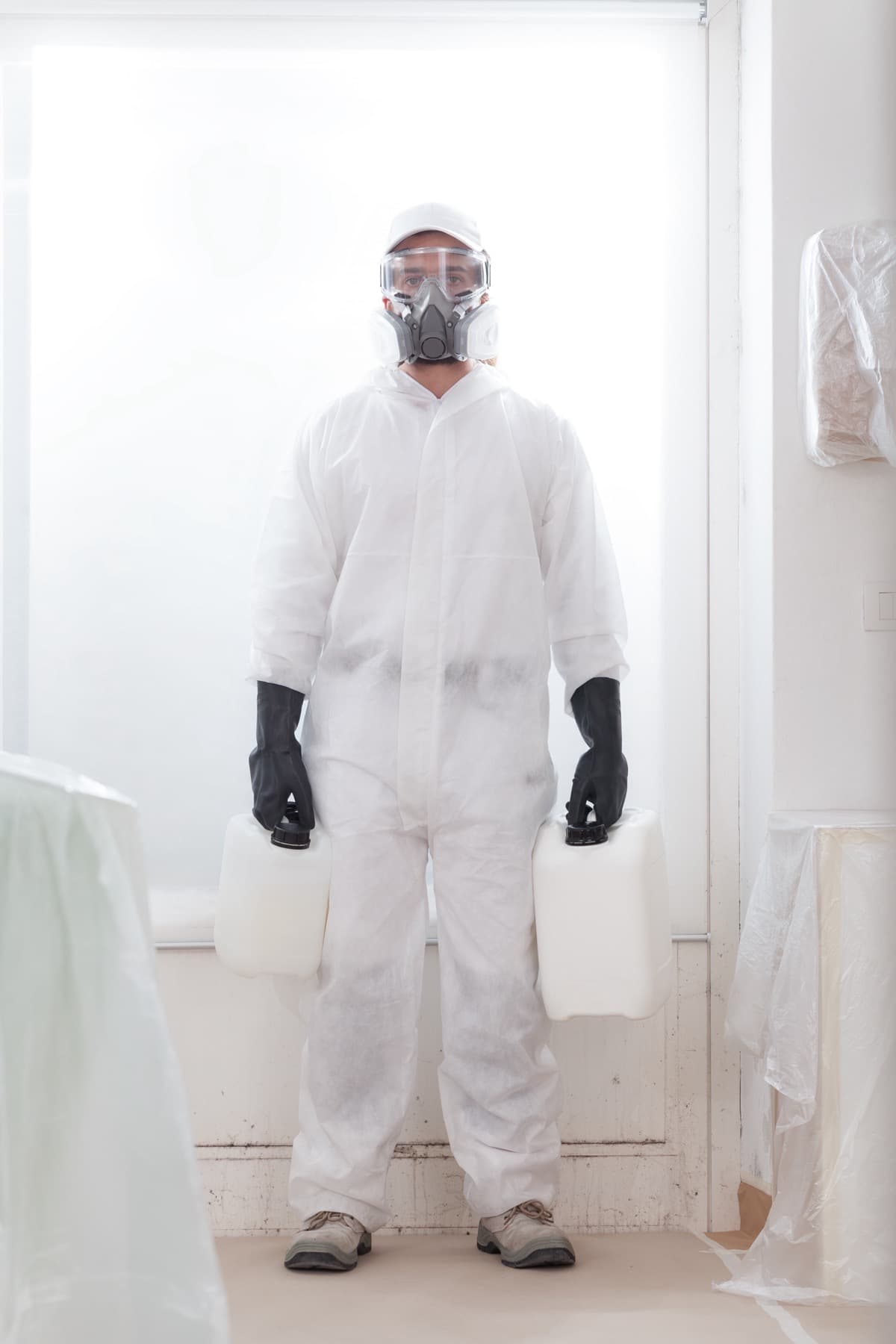 Mould remediation technician in protective equipment