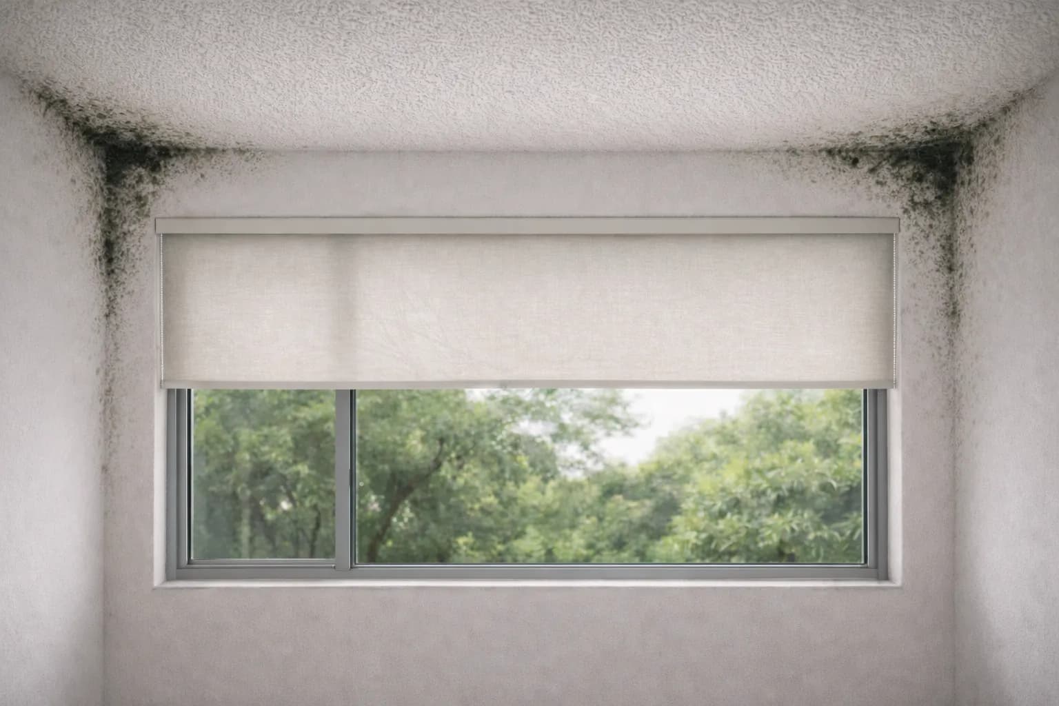 Window area before treatment — visible mould growth on walls and ceiling
