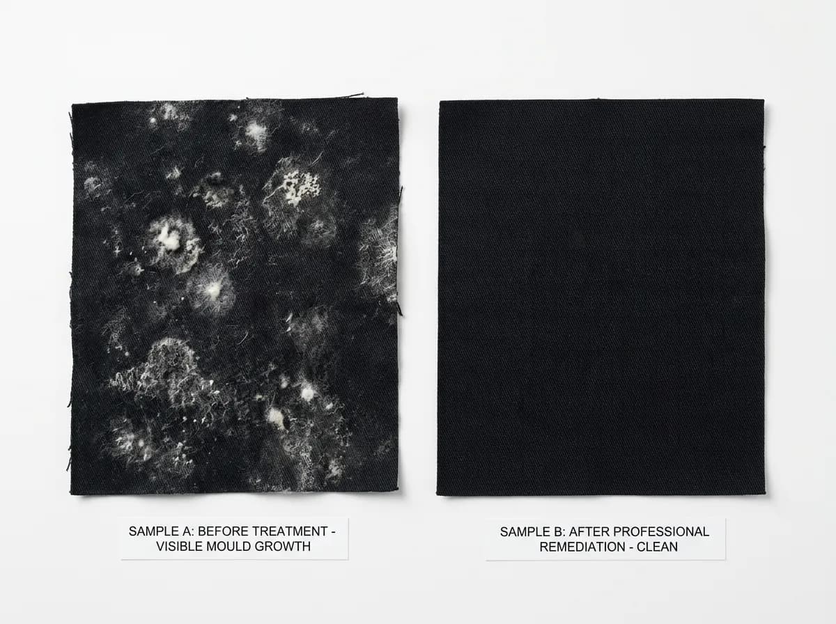 Before and after cloth samples showing mould removal results