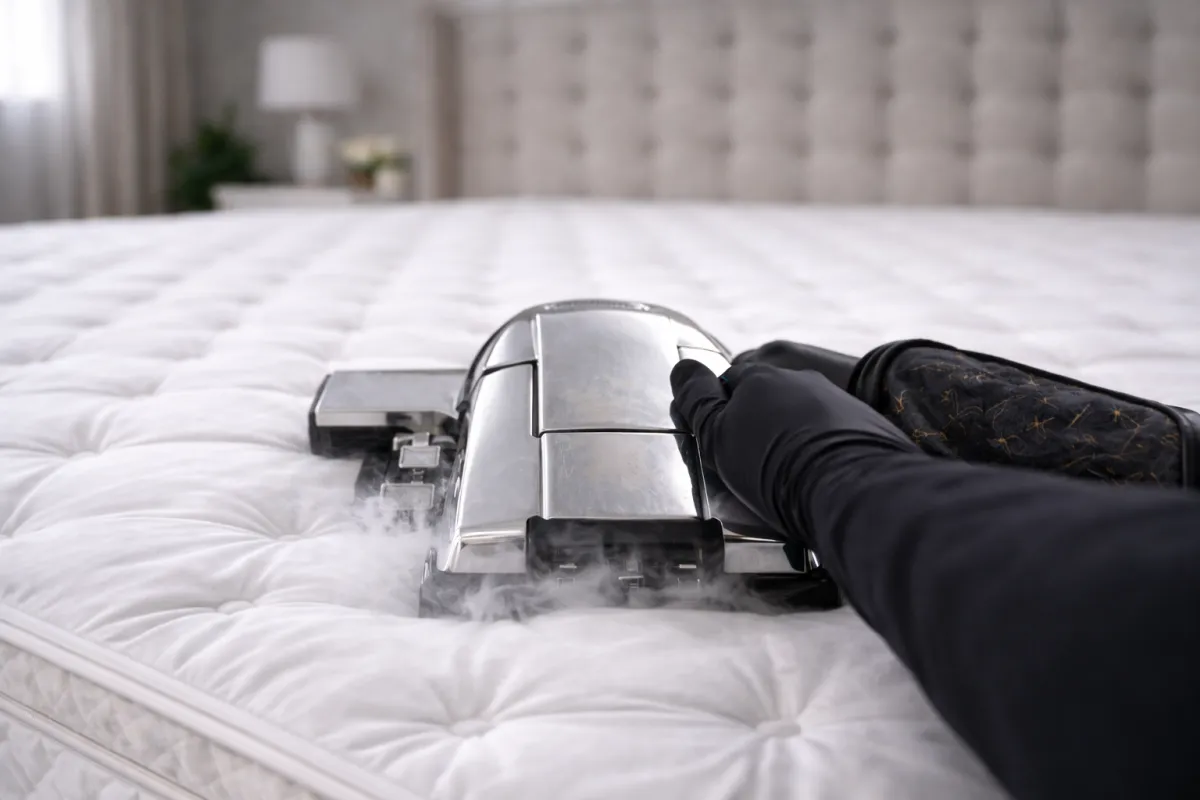 Professional mattress steam cleaning with 165°C dry steam for deep sanitisation